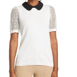 Adrianna Papell Mesh Puff Sleeve Swester with Peter Pan Black Collar